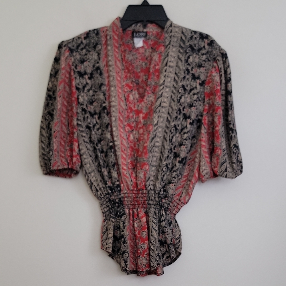 Vintage Lori Of California Red, Black & Gold 1/2 Sleeve Top Womens 10